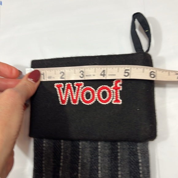 WOOF embroidery Puppy Dog PET black gray striped wool Holiday Christmas stocking - Picture 4 of 10